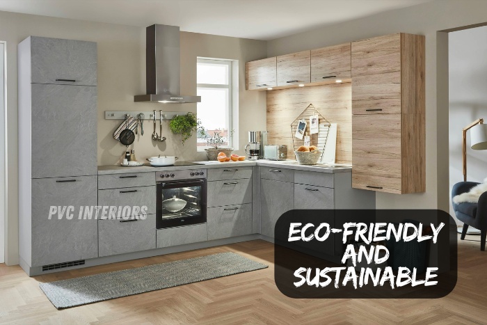 Eco-friendly and sustainable PVC modular kitchen by PVC Interiors in Bengaluru, designed with a modern finish and smart storage