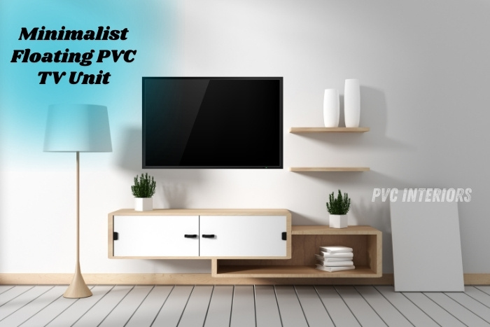 Minimalist floating PVC TV unit design by PVC Interiors in Bengaluru perfect for modern living rooms with a sleek and clean look