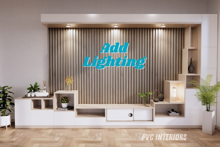 Modern design for enhancing your living room ambiance with Stylish PVC TV unit with built-in lighting by PVC Interiors in Bengaluru