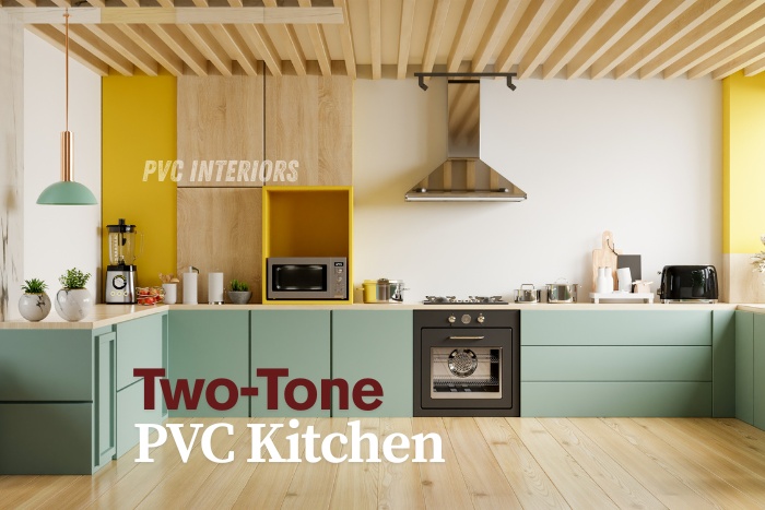 Stylish two-tone PVC modular kitchen by PVC Interiors in Bengaluru, combining modern design and vibrant colors for a unique