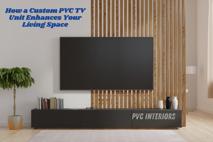 Modern custom PVC TV unit with wooden panel backdrop, sleek black cabinets, and minimalist design, enhancing living spaces by PVC Interiors