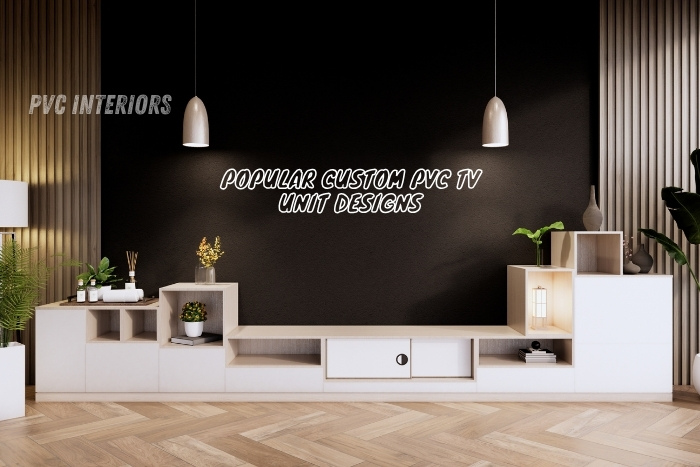 Popular custom PVC TV unit design with modern lighting and minimalist shelving by PVC Interiors, perfect for contemporary homes
