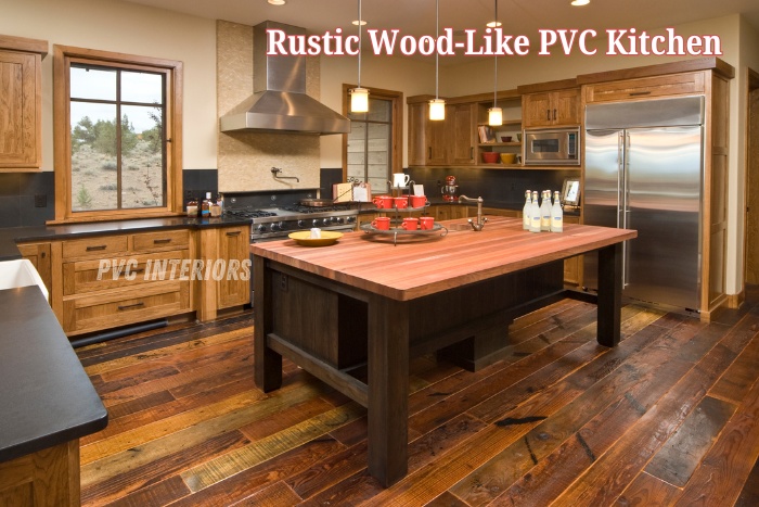 PVC Interiors in Bagaluru PVC modular kitchen with central island and natural finishes and traditional look in modern homes