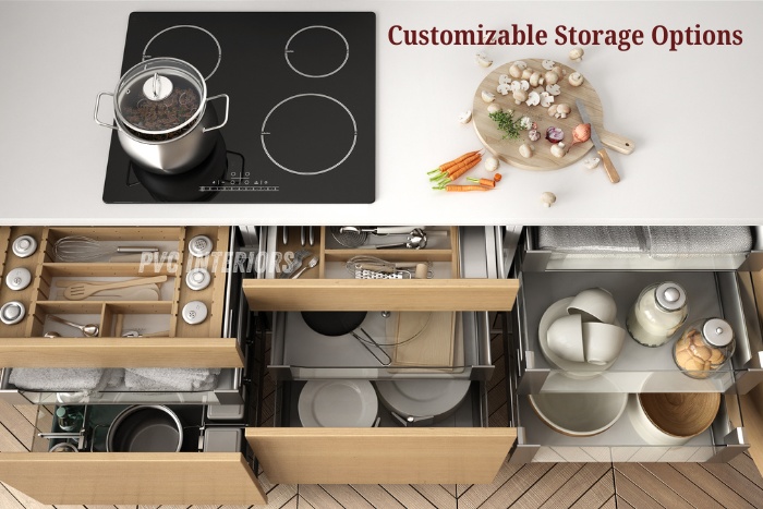 PVC modular kitchen drawers with customizable storage options for utensils and crockery, designed by PVC Interiors in Bangaluru