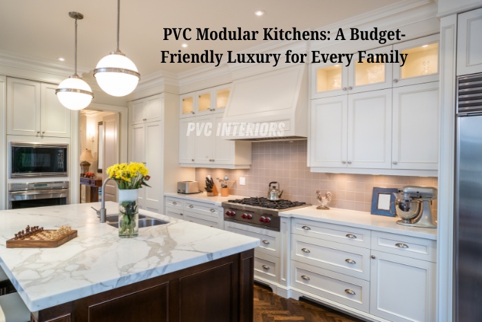 PVC modular kitchen with marble countertop and modern appliances, installed by PVC Interiors for budget-friendly luxury