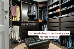 Modern dark-finish PVC wardrobes with organized clothing and storage, designed by PVC Interiors in Bengaluru
