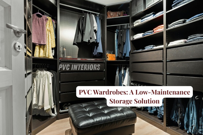 Modern dark-finish PVC wardrobes with organized clothing and storage, designed by PVC Interiors in Bengaluru